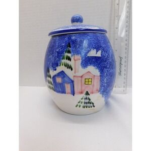 Rare Blue Snowman Winter Scene Cookie Jar Made In Italy